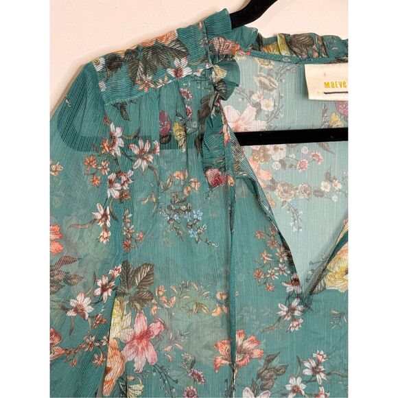 Anthropologie Maeve Emmy Teal Green Floral Printed Puff Sleeve Tunic Dress M - Picture 2 of 5